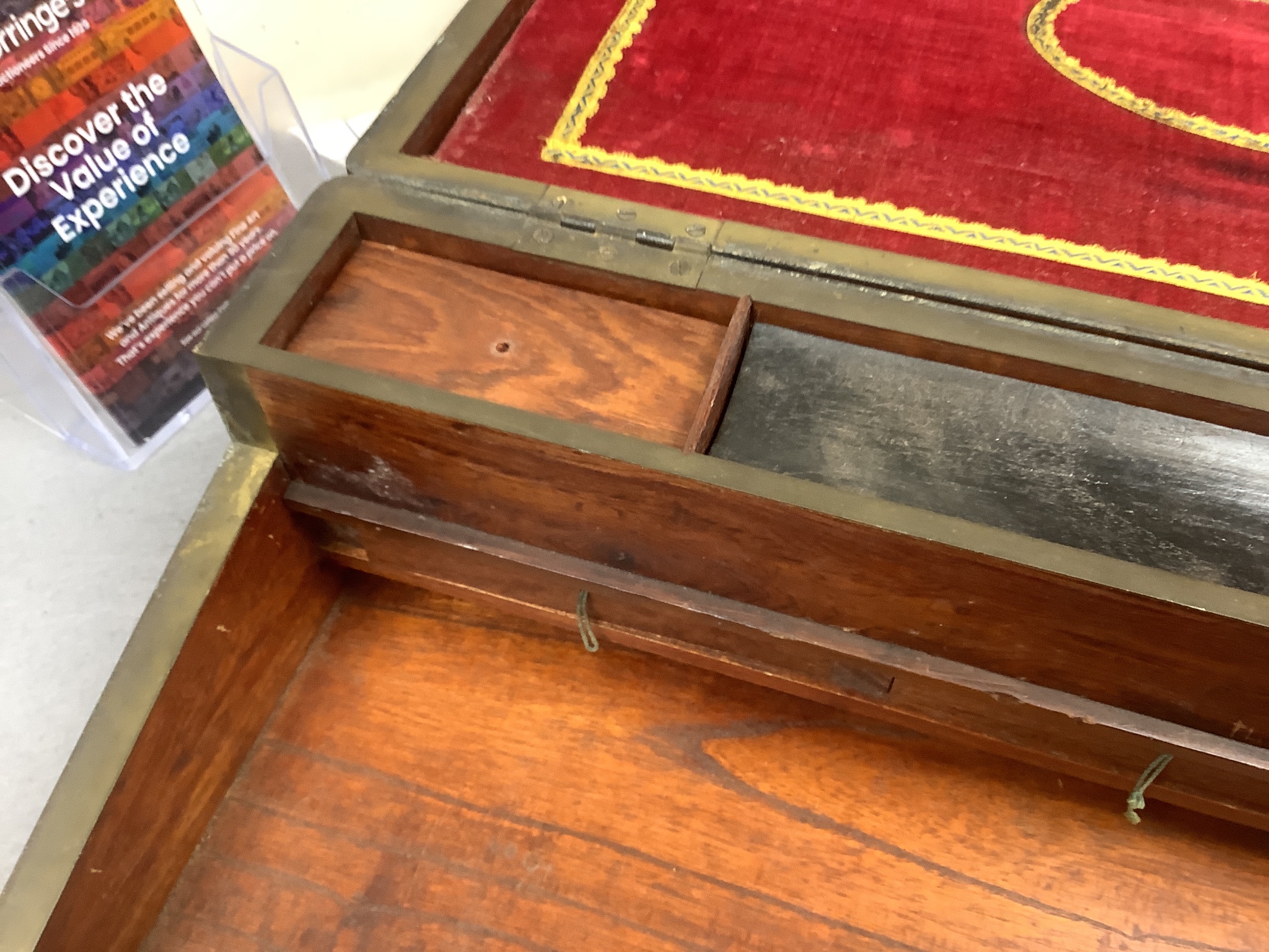 A rare large 19th century Chinese export amboyna veneered brass bound camphorwood and huanghuali writing slope, with green baize and red velvet lining,. 53cm wide